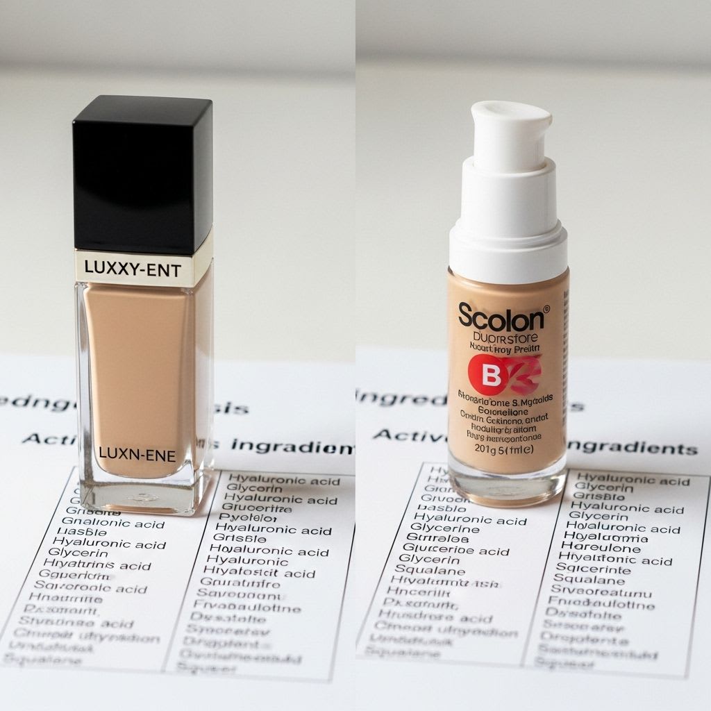 Comparison showing similar hydrating ingredients in luxury versus drugstore foundations for dry skin