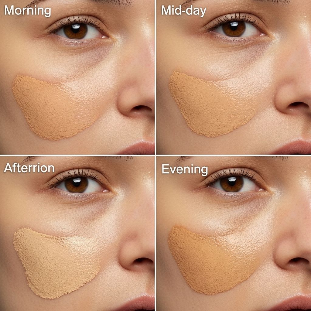 Time progression showing powder foundation emphasizing texture on mature skin