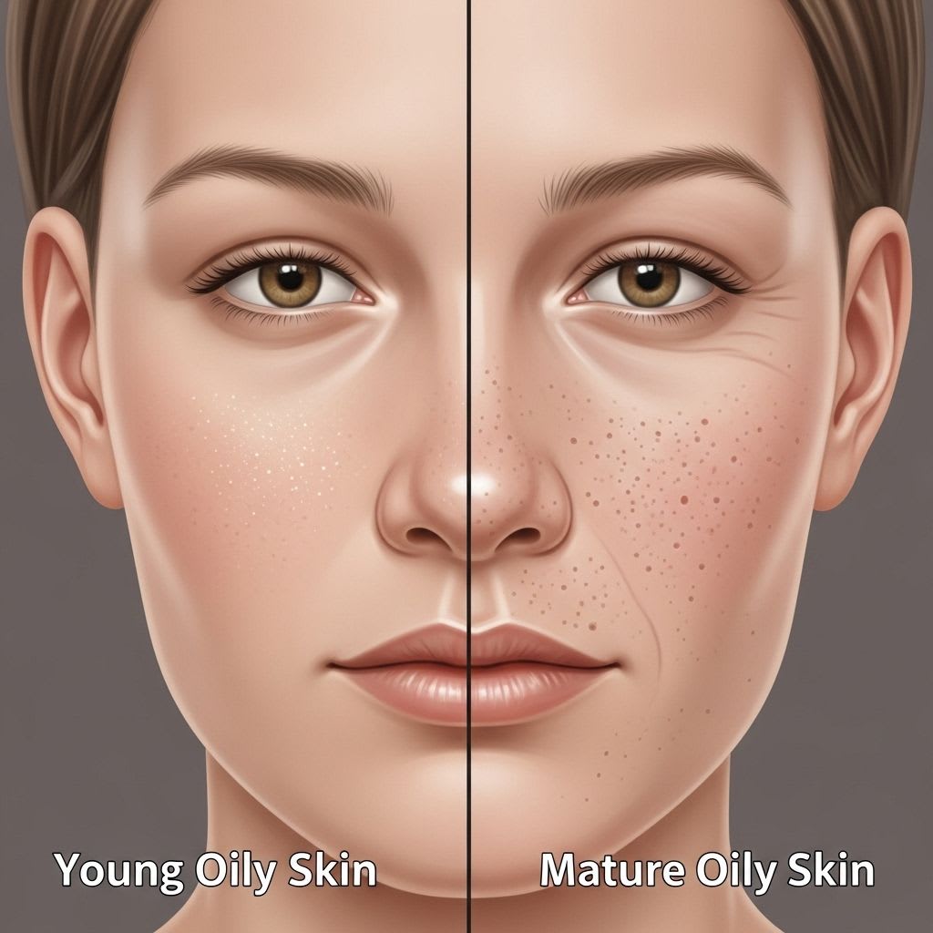 Comparison of young versus mature oily skin structure showing texture differences