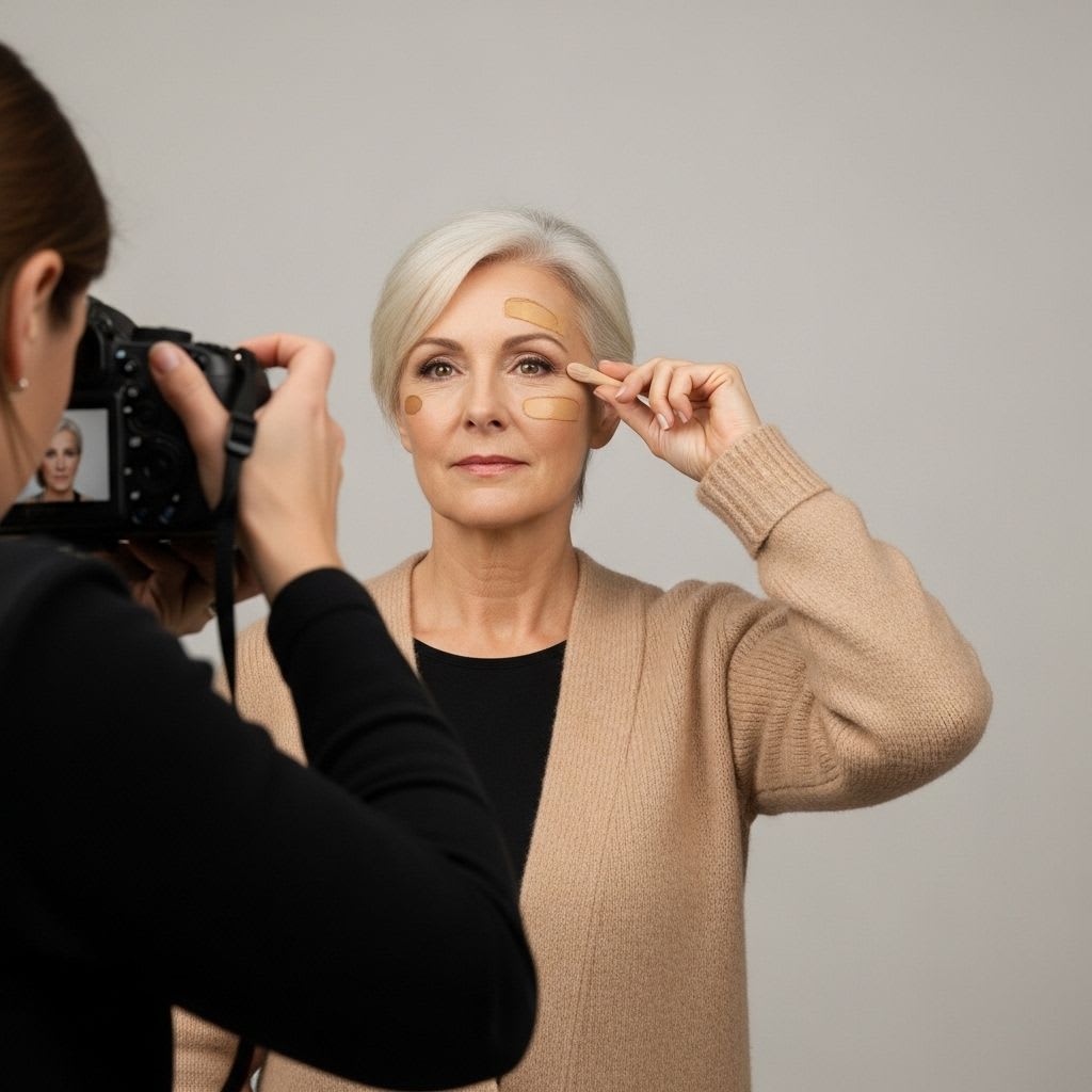 Professional photography session showing mature woman with photo-ready foundation that photographs beautifully