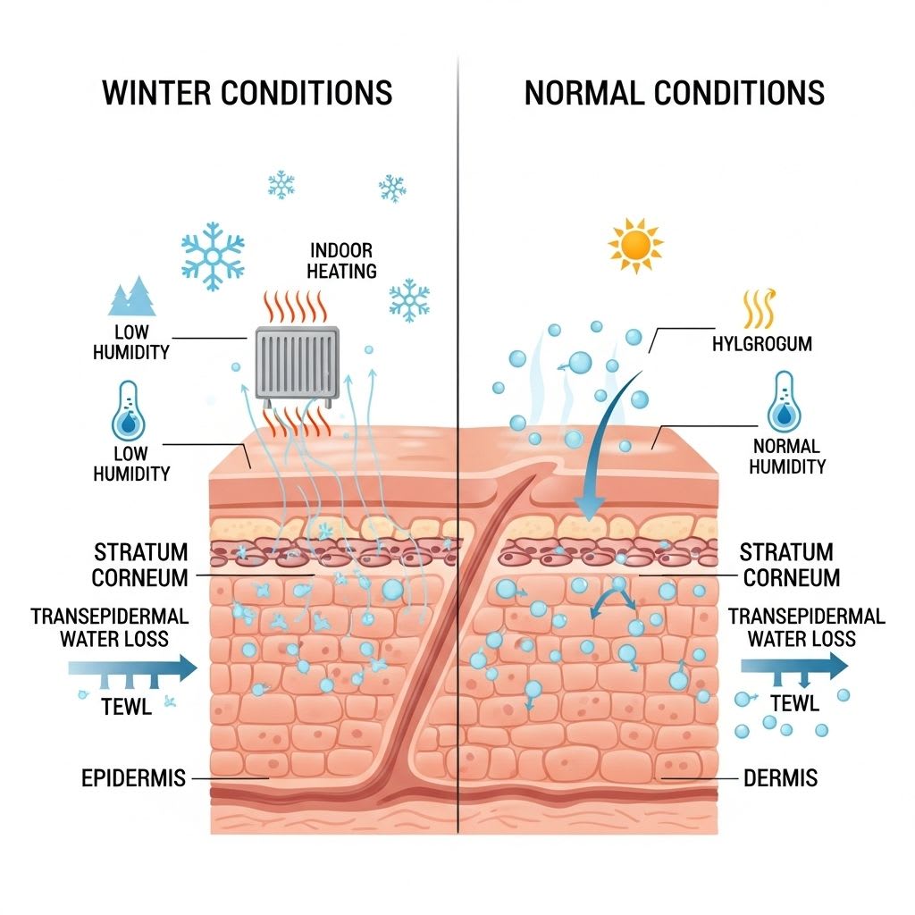 Diagram showing winter environmental impact on mature skin moisture levels
