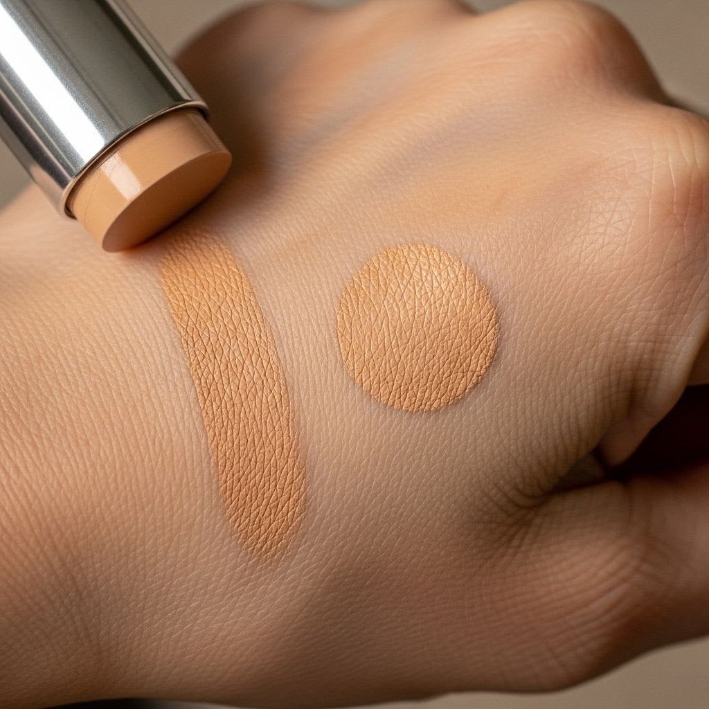 Demonstration of warming stick foundation on hand before applying to mature skin