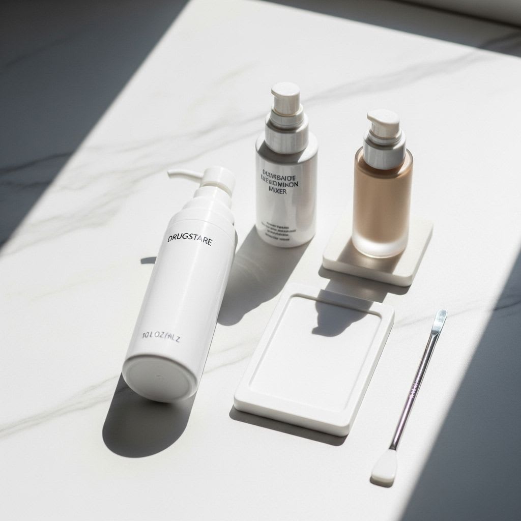 Essential tools for custom foundation mixing including white foundation mixer and blending palette