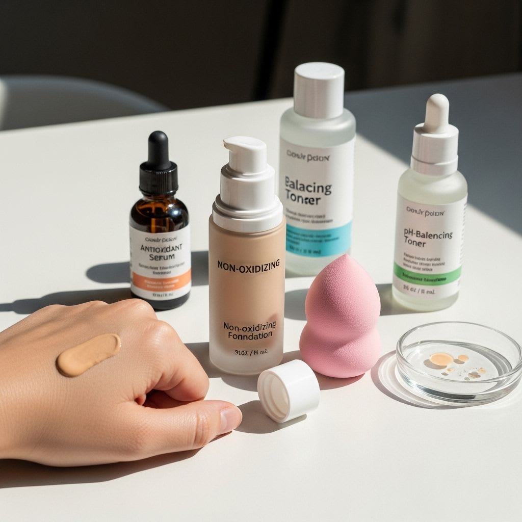 Non-oxidizing foundation application setup with water-based formula and pH-balancing skincare
