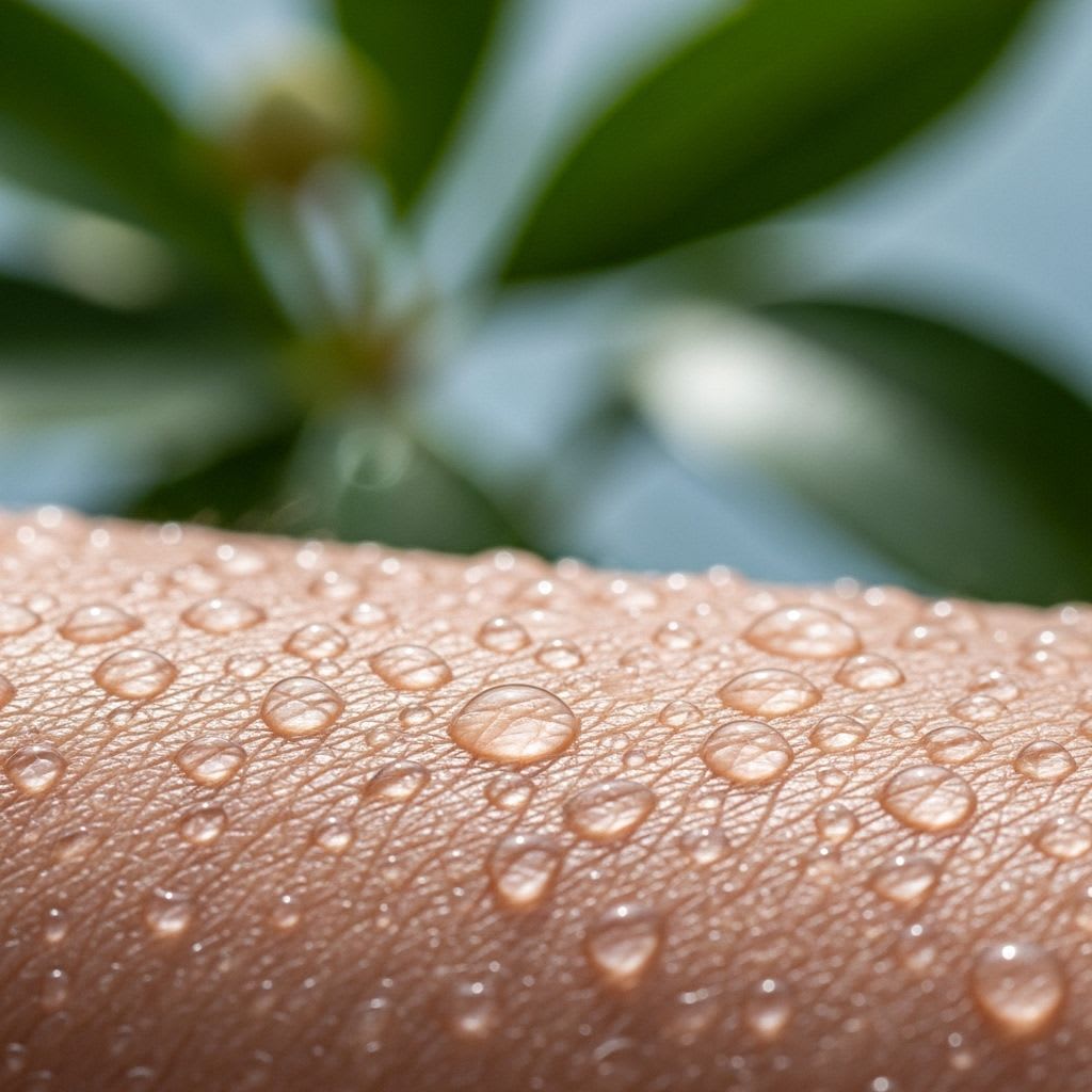 Water droplets on skin showing temporary hydration from face mist