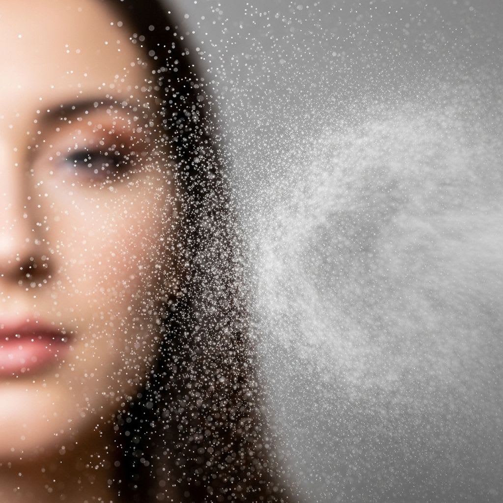 Fine mist pattern of oil control setting spray showing proper application technique