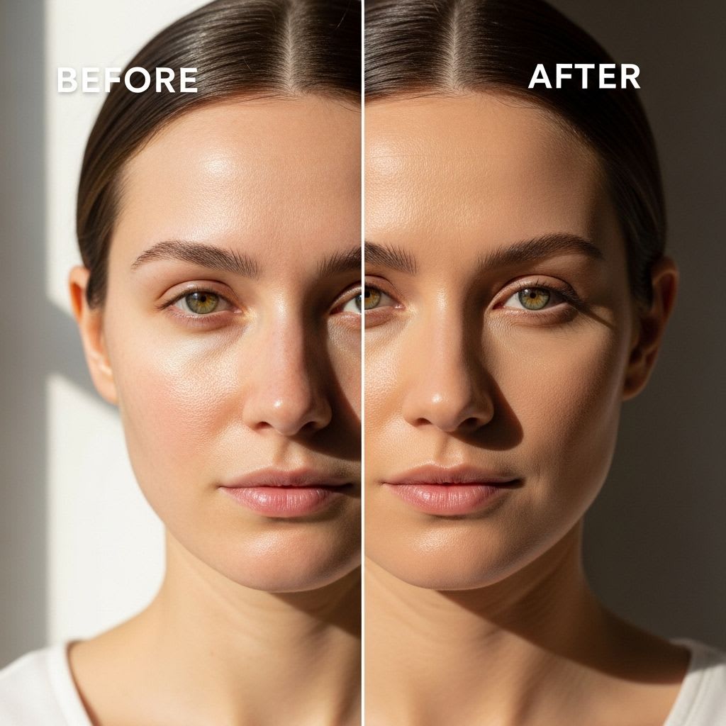 Before and after comparison showing properly matched tinted moisturizer on fair pale skin with natural finish