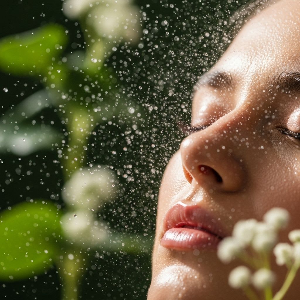 Fine mist spray droplets providing instant hydration to skin