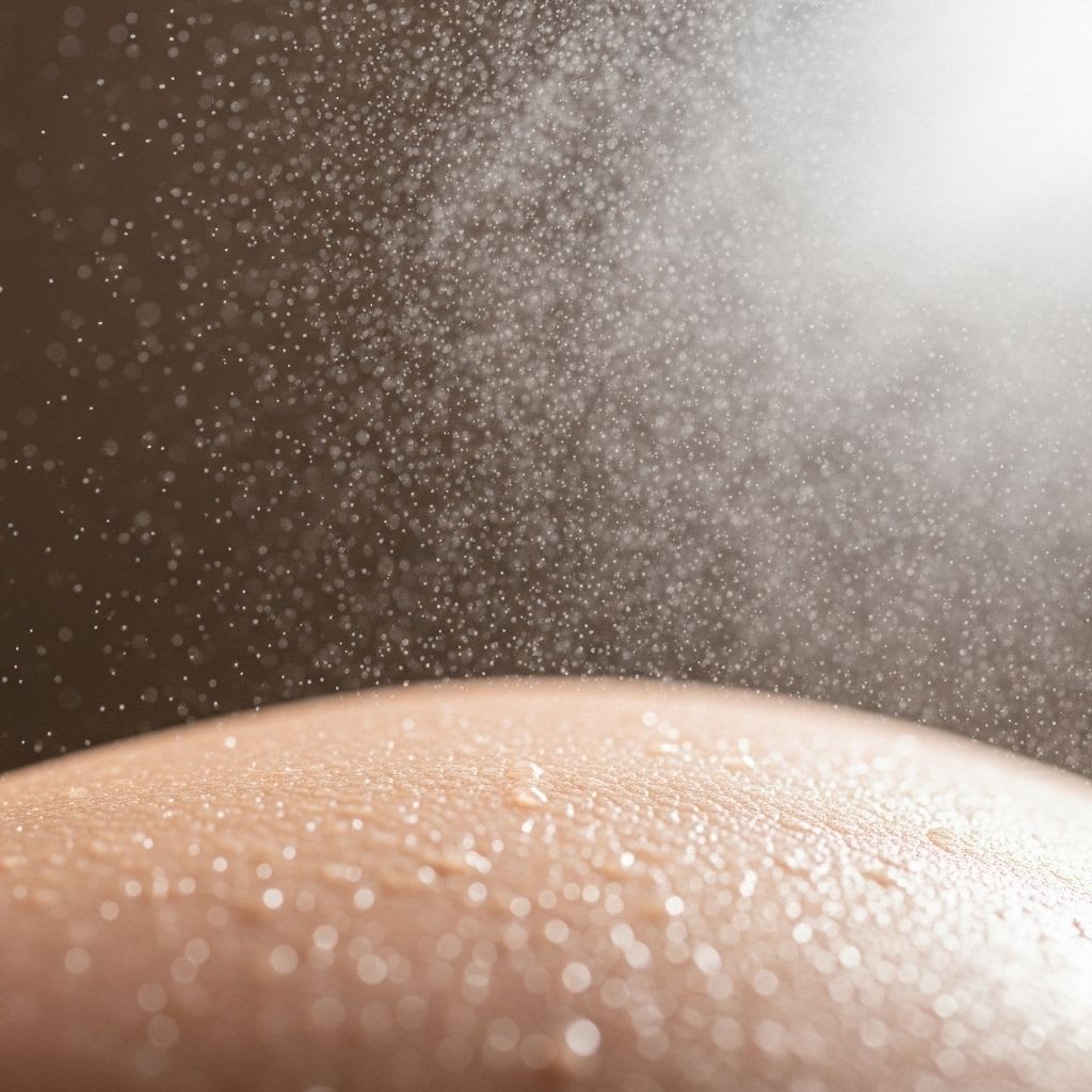 Fine mist setting spray application creating dewy finish on skin