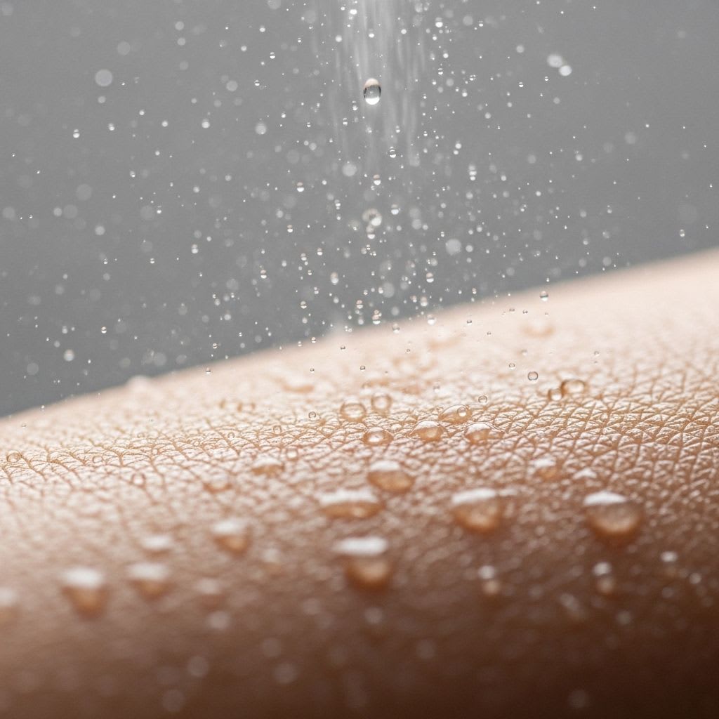 Facial mist application showing fine water droplets penetrating skin surface for hydration