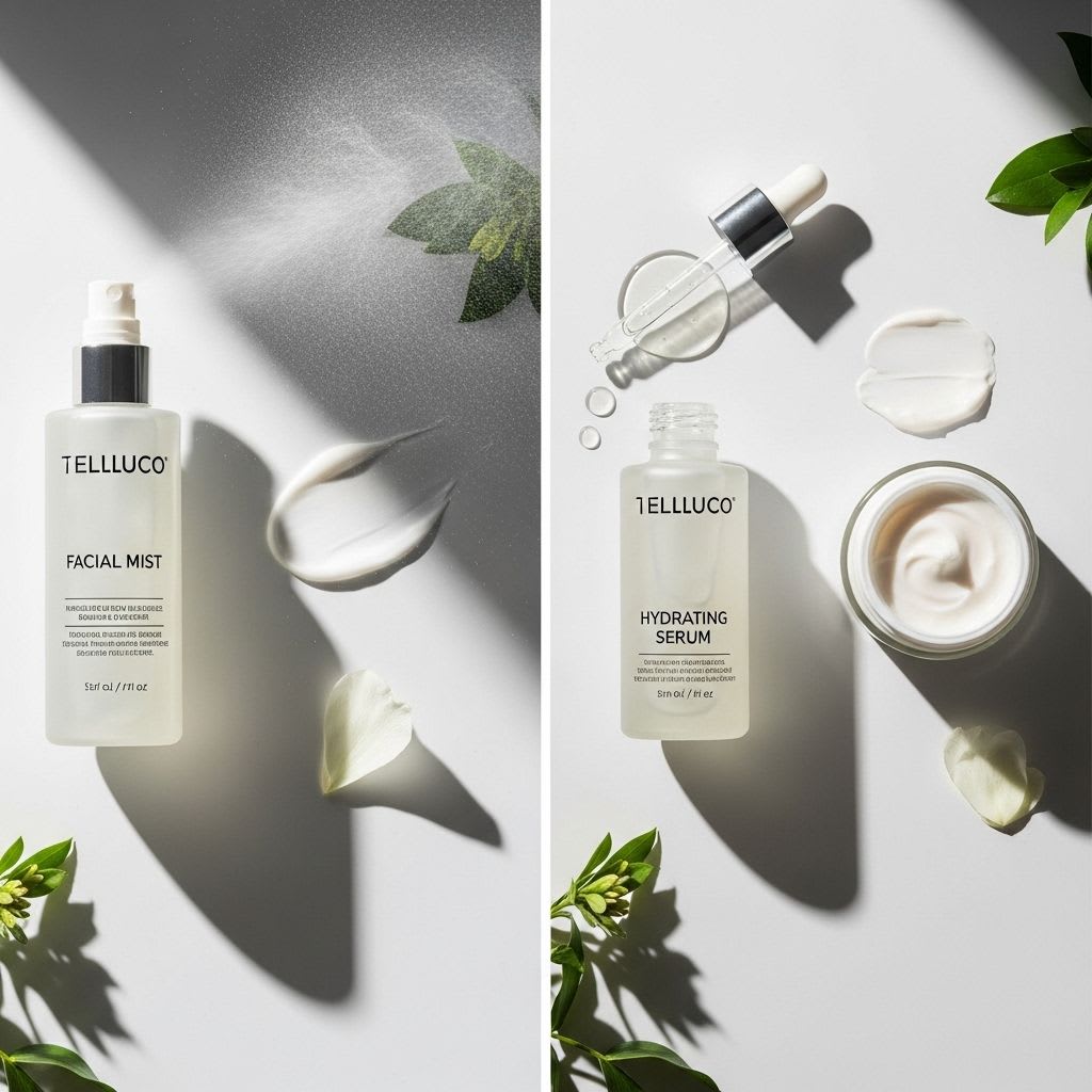 Proper skincare layering sequence showing facial mist placement with serum and moisturizer