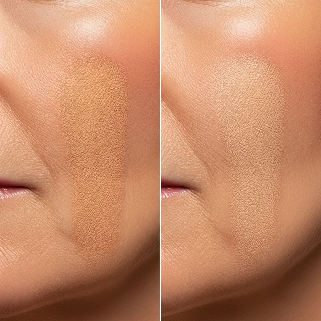 Comparison swatches of baked powder foundations on mature skin