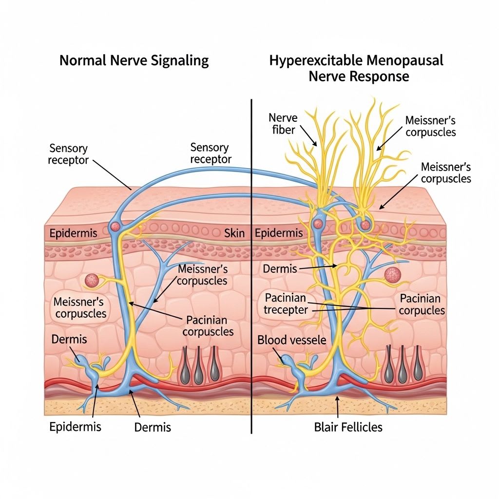 Skin layer diagram showing nerve fiber changes during menopause that cause burning sensation