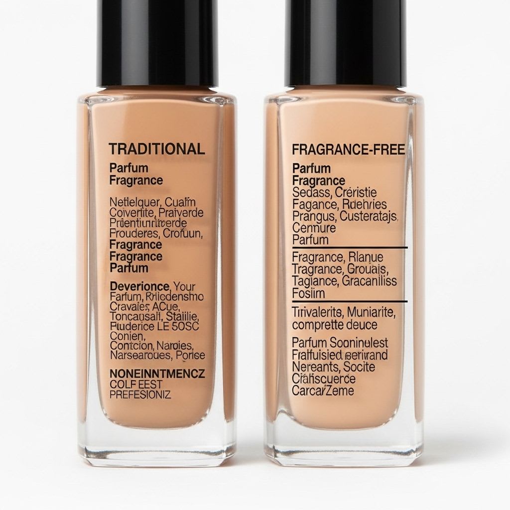 Comparison of foundation ingredient labels showing fragrance versus fragrance free formulations