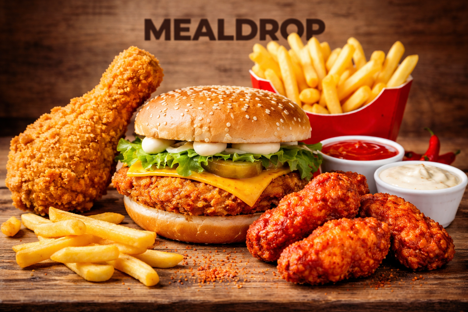 1 Piece Chicken, 3 Hot Wings, Chicken Burger and Fries
