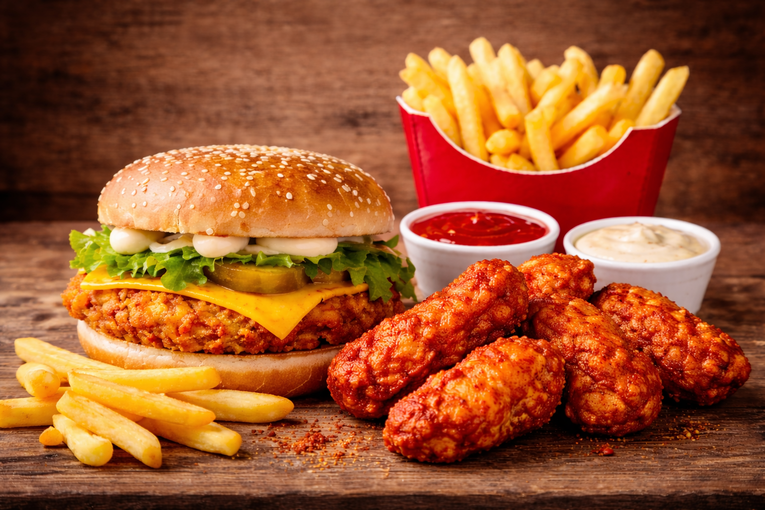 Chicken Burger, 6 Hot Wings and Fries