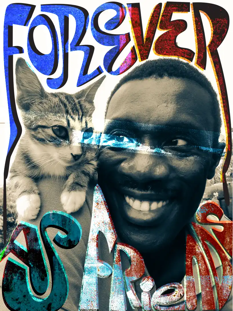 'Forever as friends' typography featuring Fiifi and Bob, the cat in front of the mojaka design studio