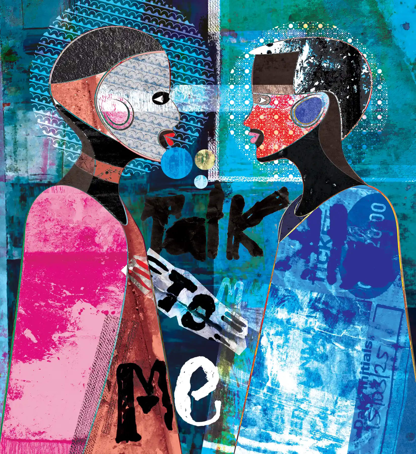 mojaka_communication Two women in face-to-face communication in a mixed media illustration and typography poster