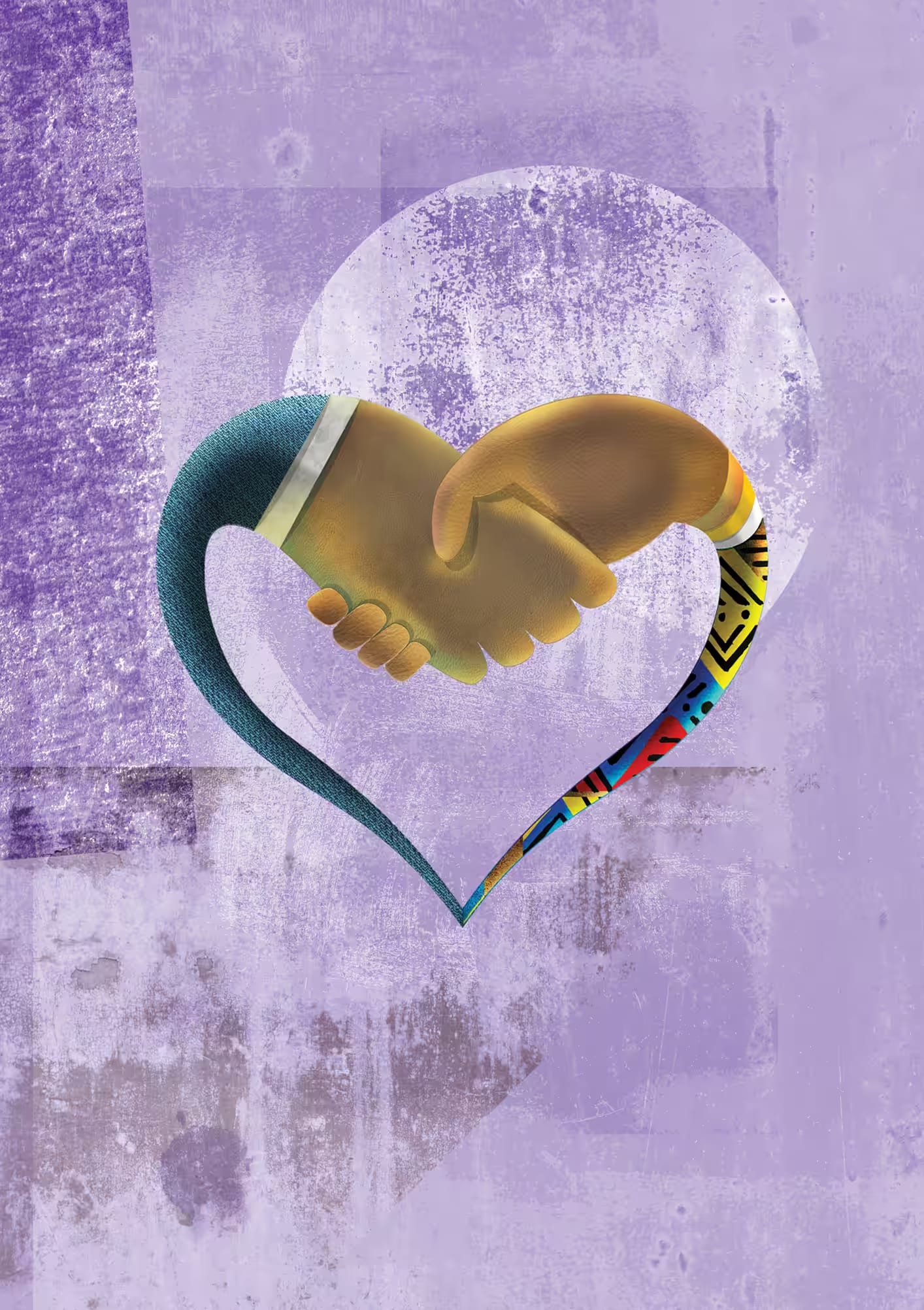 what love is—a hand in handshake with another in mixed media art