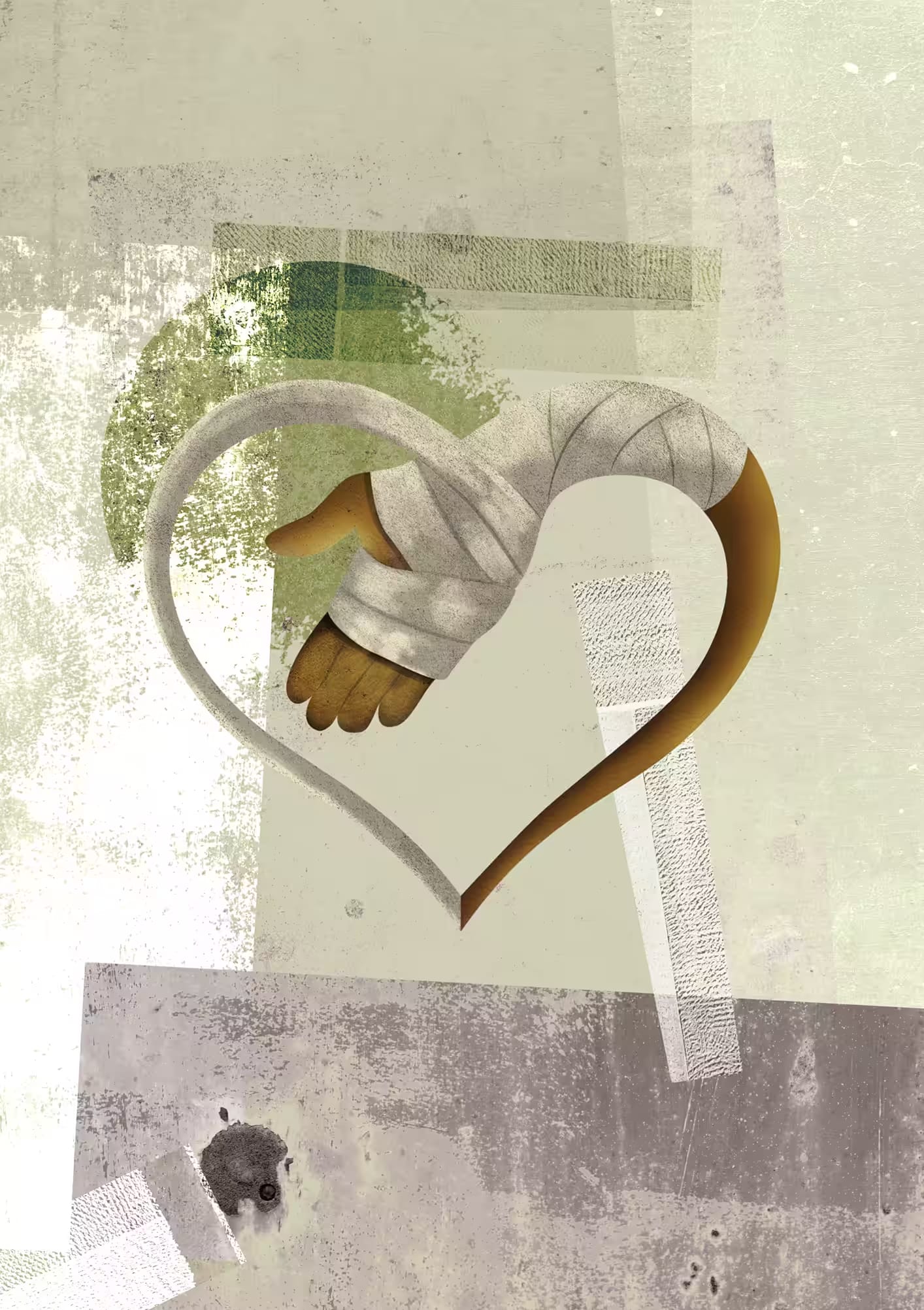 what love is—a hand wounded hand wrapped in bandage in mixed media art