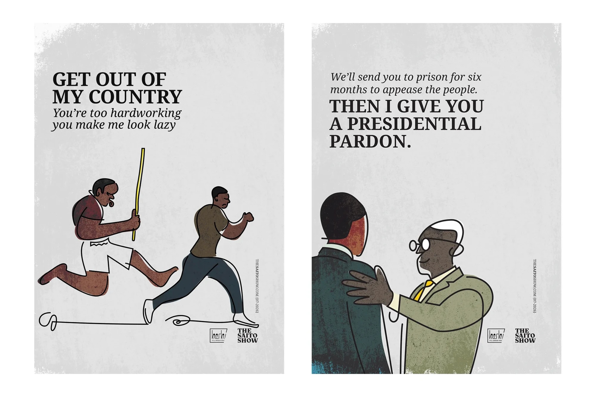 Satirical illustrations about politics and migration