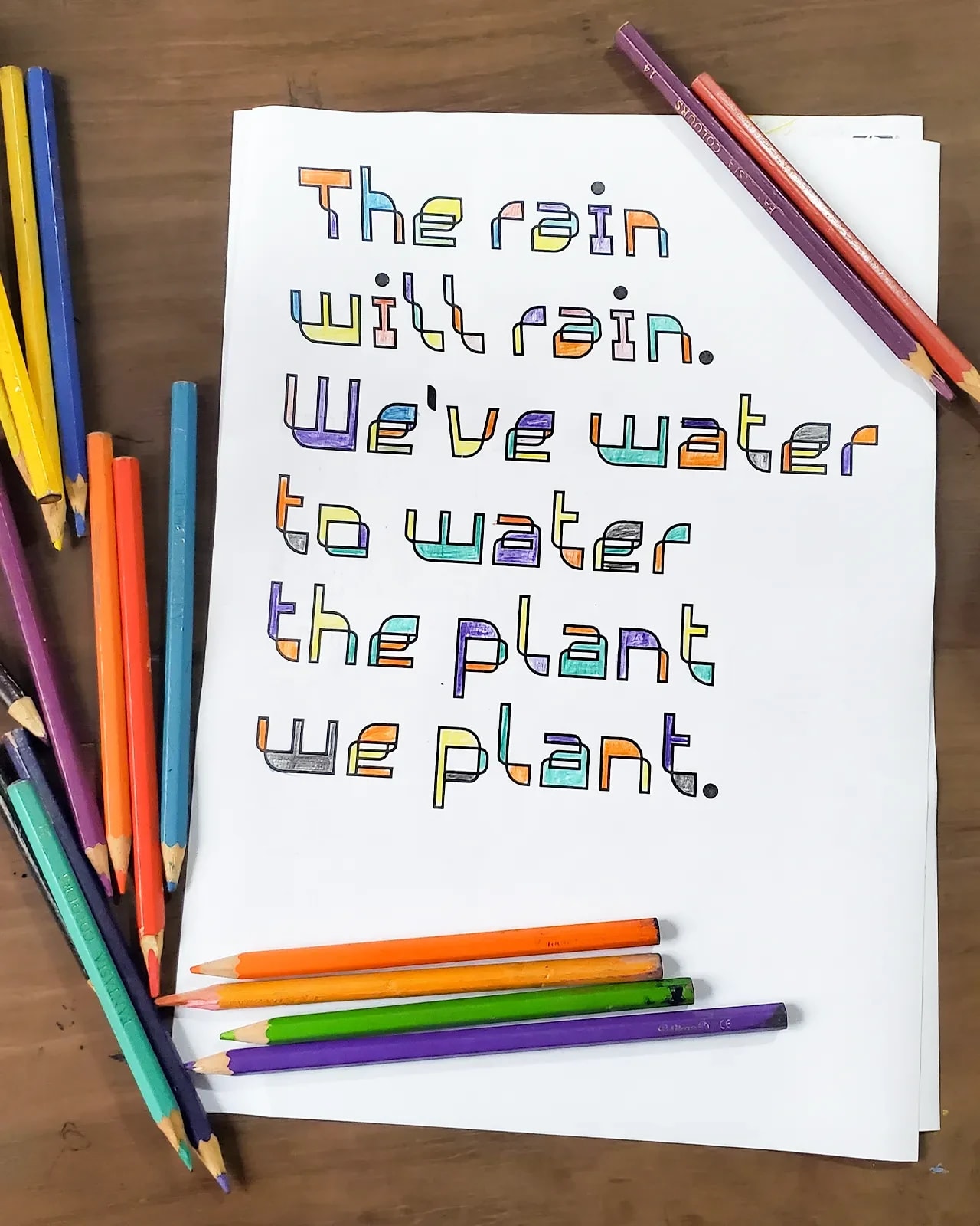 Hand-drawn Susuma poem with coloured pencils