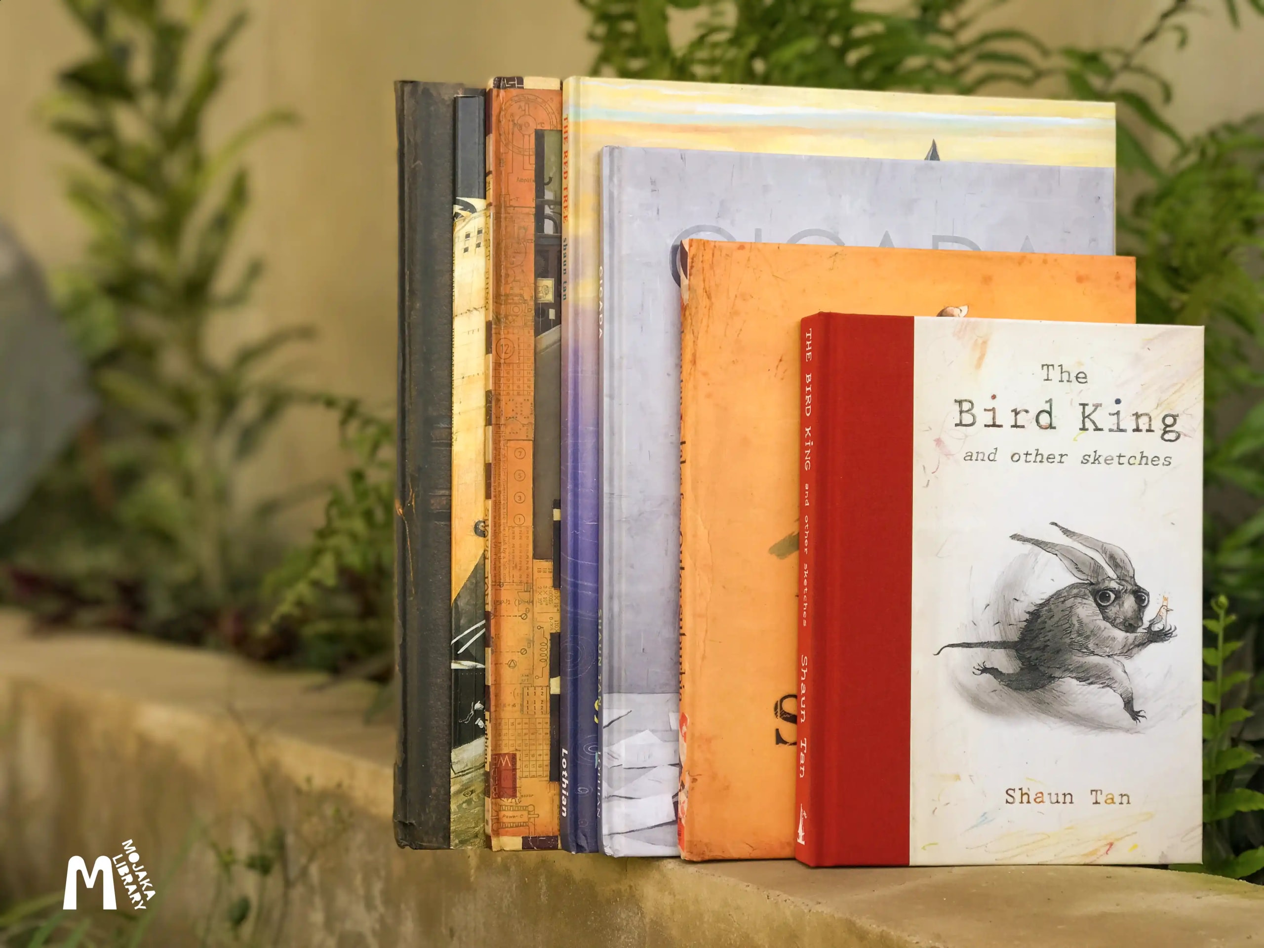 A stack of signed Shaun Tan books for Mojaka Library in Ojobi Ghana