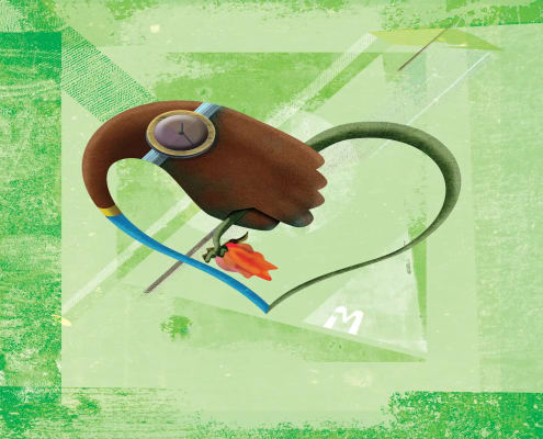 A hand holding a withering rose shaped into the form of a heart.