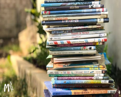 A pile of children's story books for Mojaka Community Library