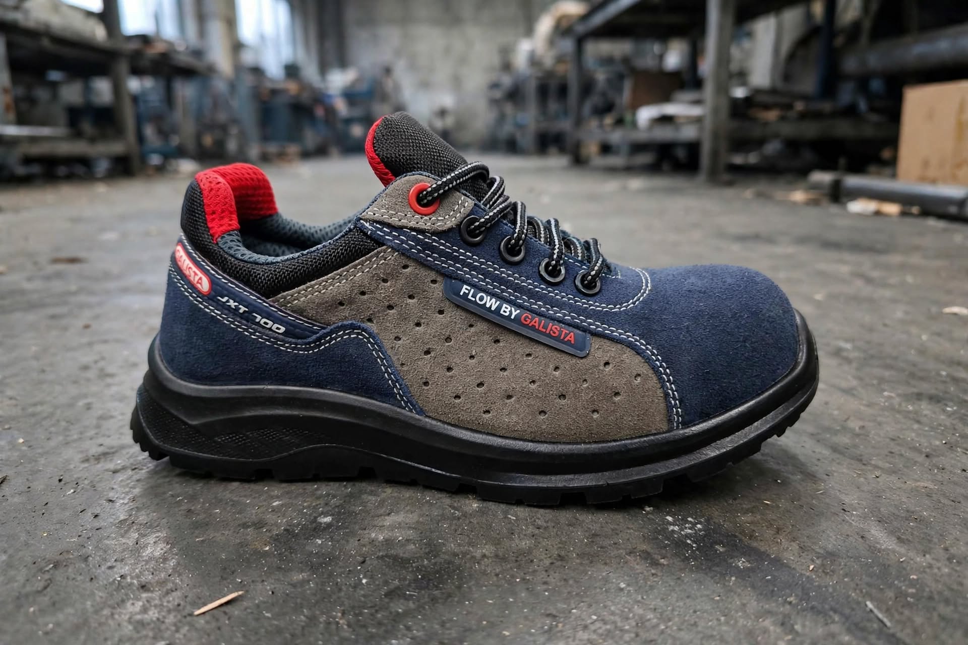 Flow Industrial Safety Shoes – Steel Toe, Anti-Skid Sole | Blue-Grey-Red 3