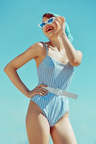 Striped Retro Swimsuit with Cat-Eye Sunglasses