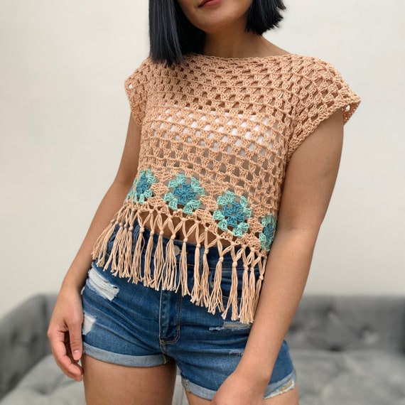 Layered Earth-Toned Crochet Tops and Denim Shorts