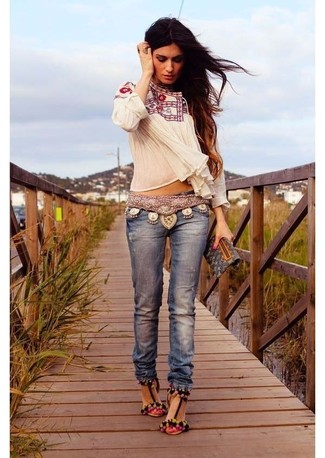 Boho Chic with Embroidered Peasant Blouse and Leather Belt
