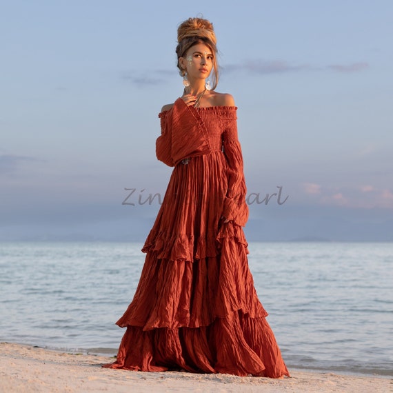 Boho Vibes in a Flowing Tiered Dress with Tassel Earrings