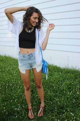 Layered Summer Look with Kimono and Denim Cutoffs