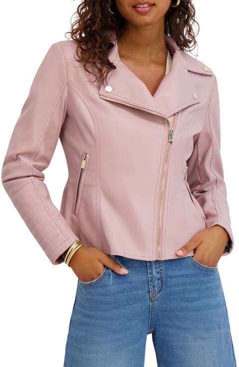 Edgy Pink Leather Jackets Paired with Denim
