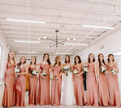 Glamorous Satin Pink Slip Dresses with Minimalist Jewelry