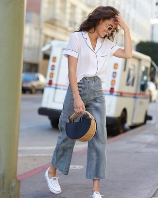 Casual Cool with Cropped Striped Pants and Sneakers