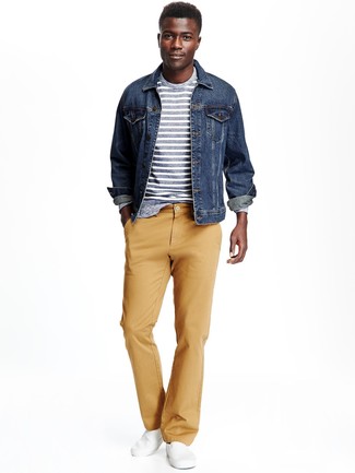 Bold and Bright: Mustard Chinos with Denim Jacket