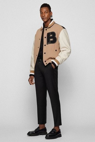 Sporty Luxe: Chinos Styled with a Varsity Jacket and Sneakers