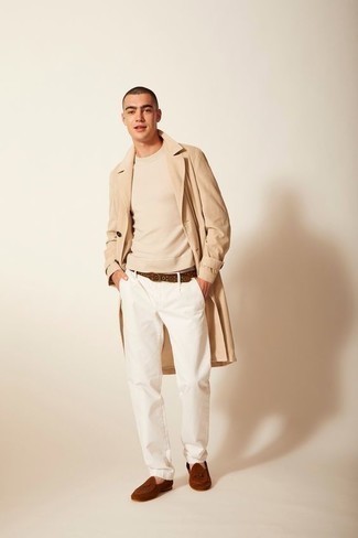 Casual Chic in White Chinos with Lightweight Trench Coat