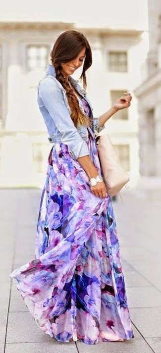 Boho Vibes in Floral Maxi Dress and Light Wash Denim Jacket