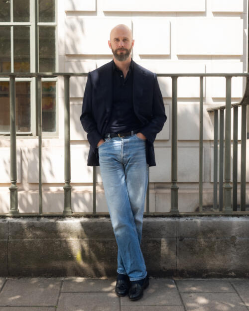 Office Ready: Structured Denim Jacket with Tailored Trousers