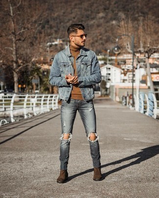 Chic and Cozy: Denim Jacket Paired with Turtleneck and Boots