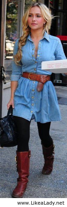 Belted Denim Dress Paired with Ankle Boots