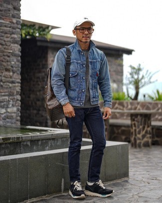 Sporty Edge: Denim Dress with a Baseball Cap and Sneakers