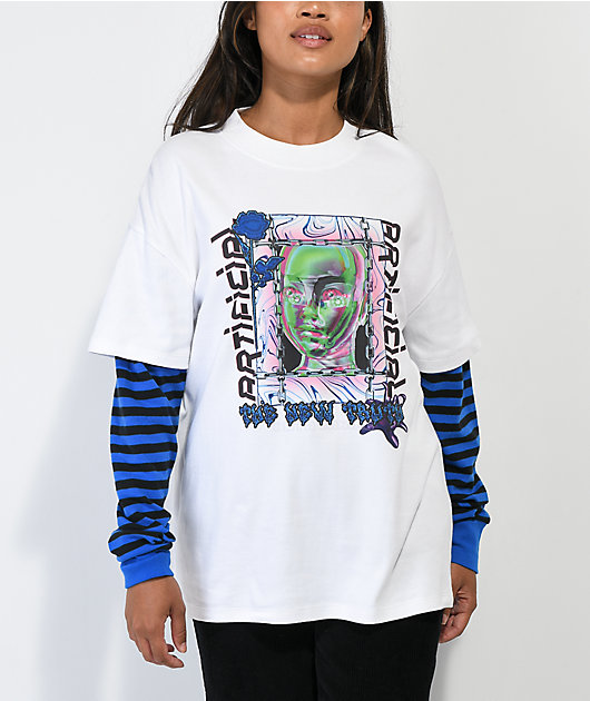 Playful Layering with Denim Dress Over a Striped Long Sleeve