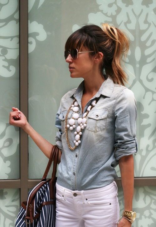 Casual Elegance: Denim Dress with Statement Necklace