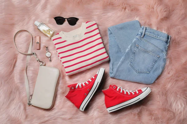 Classic Meets Cool: Denim Dress with Red Lip and Flats