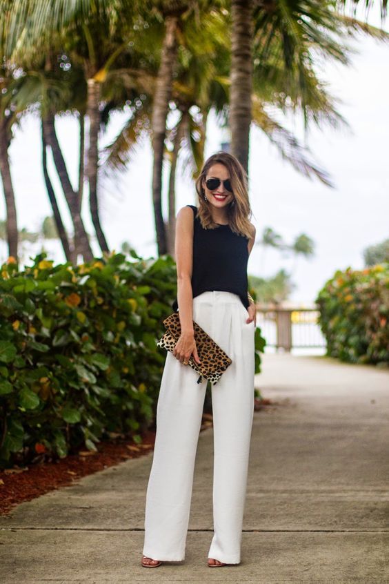 Evening Elegance: White Wide-Leg Pants and Silk Blouse